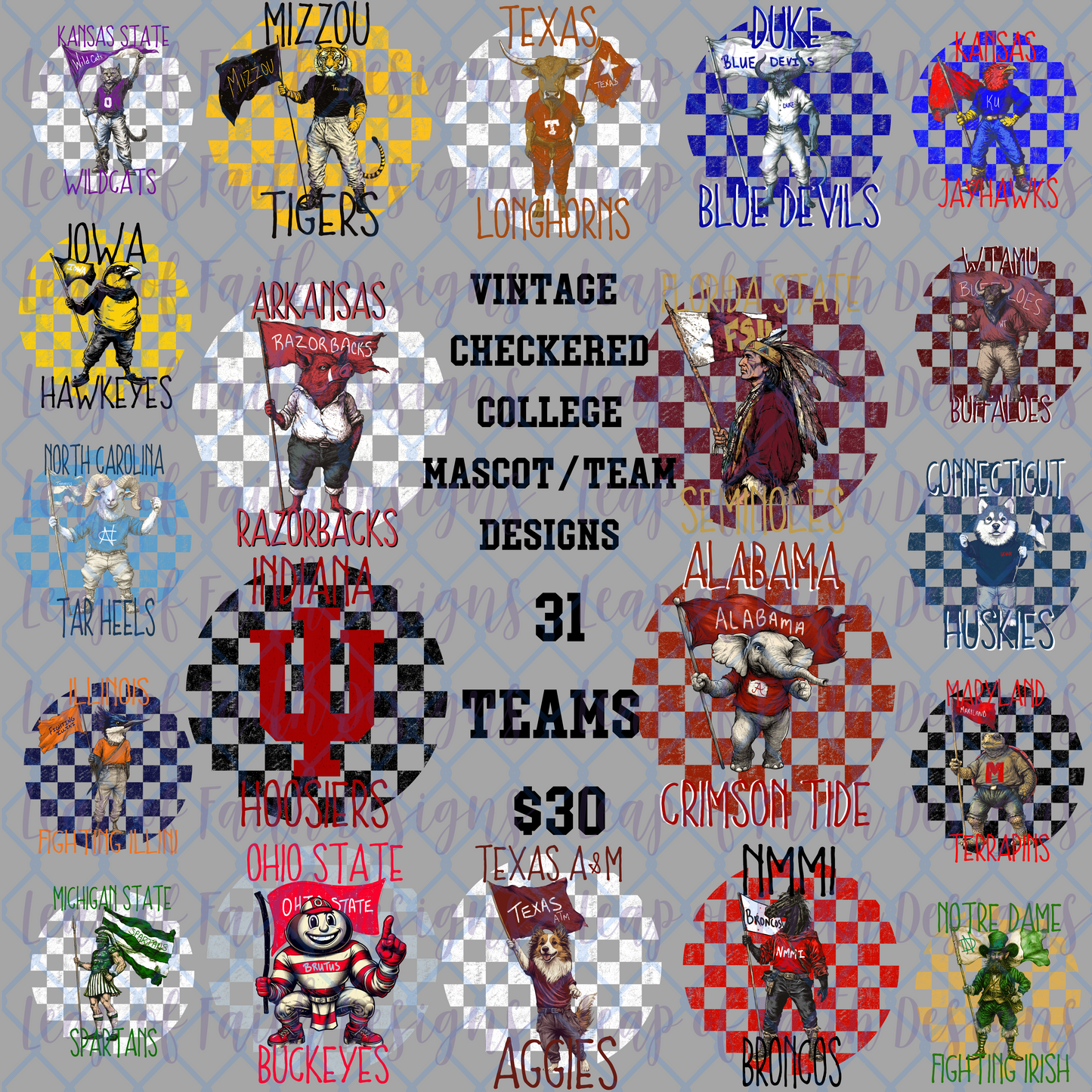 Vintage checkered college mascot design bundle