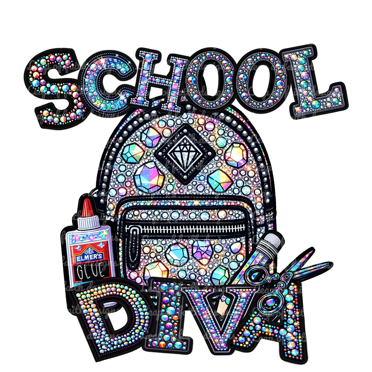 School diva faux embroidery gems