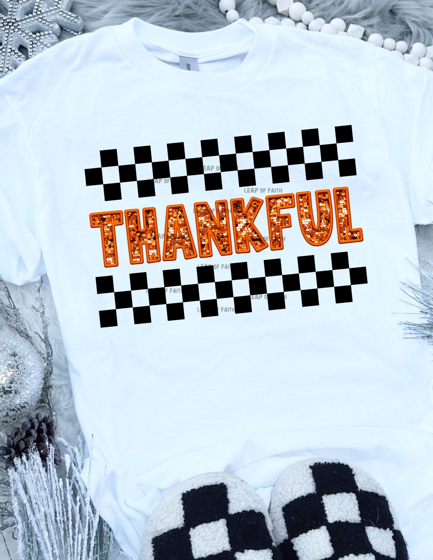 Thankful checkered faux embroidery