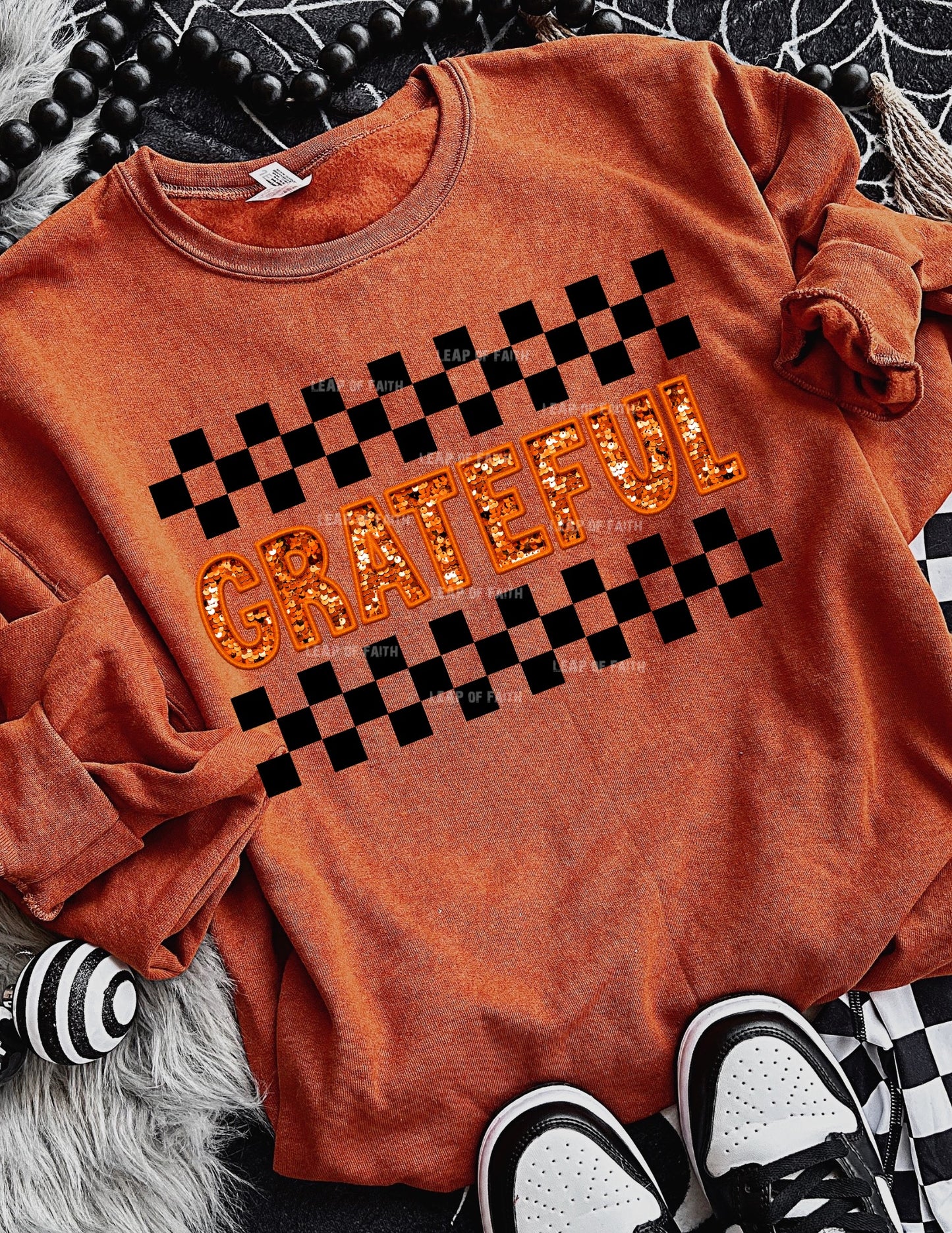 Grateful checkered faux embroidery