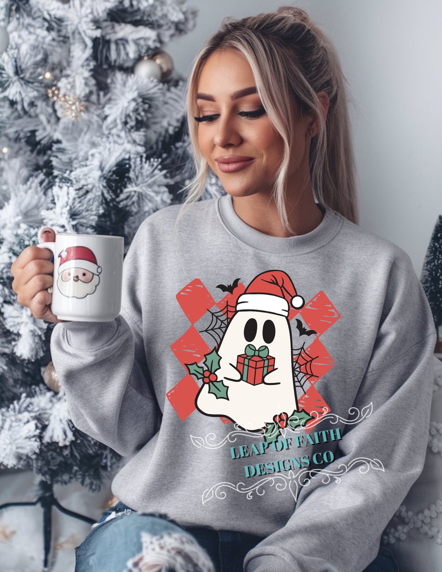 Retro Christmas ghost with gift